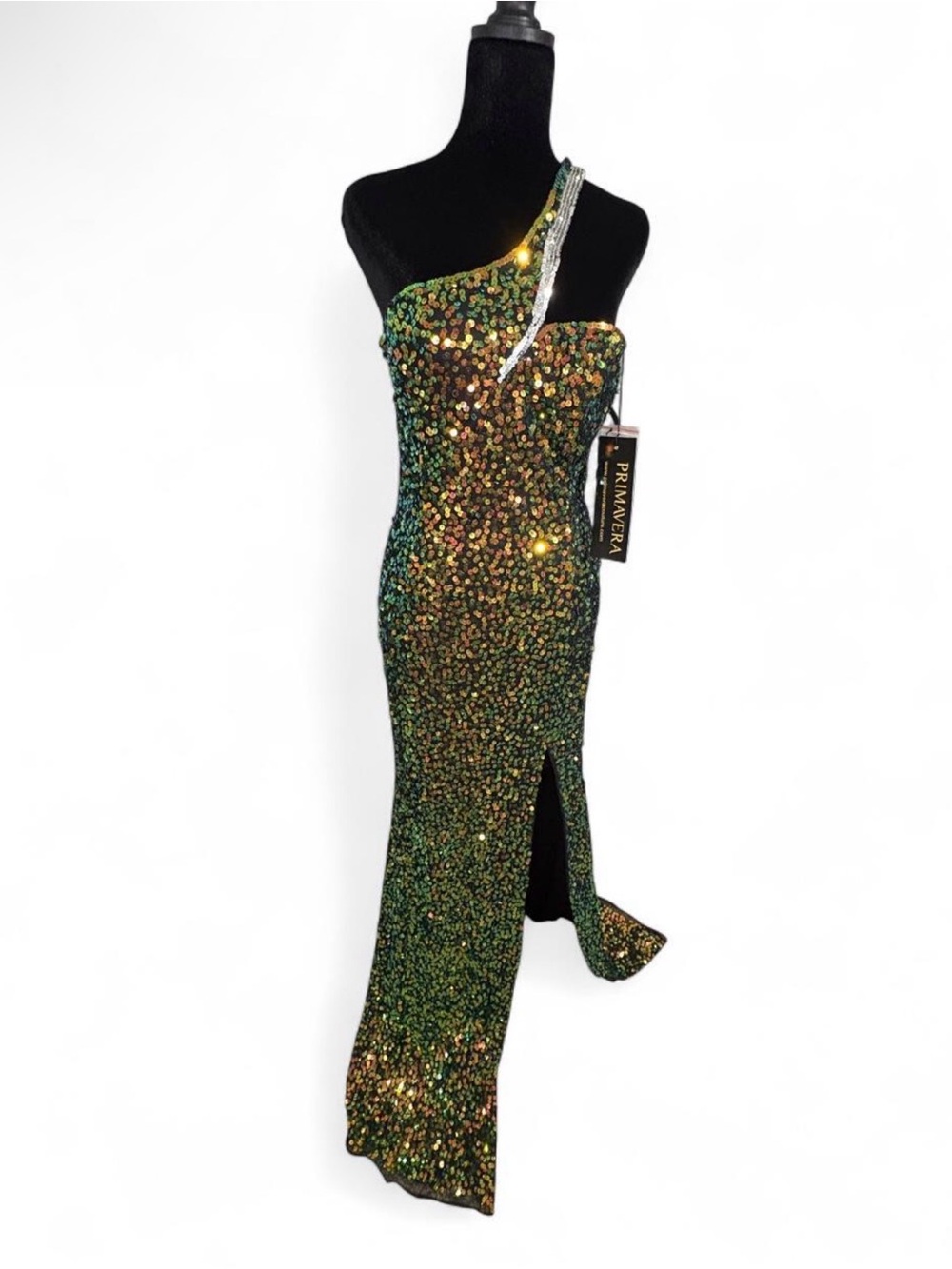 Primavera Couture One-Shoulder Green and Gold Sequin Gown